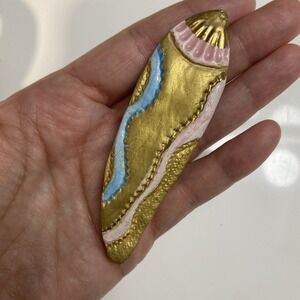Colorful Handcrafted Ceramic Seashell Cone Shell Pin‎ Large 3.5" Pink Blue Gold